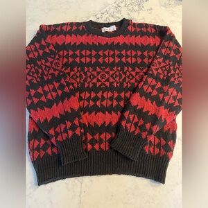 Vintage Orvis Sweater Large Black Red Aztec Tribal Southwestern Chunky 90s USA